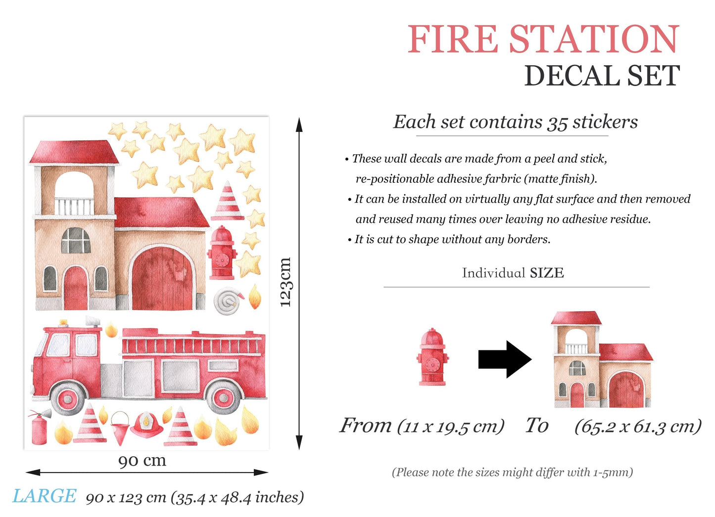 Watercolor Fire Truck Wall Decals – Removable Emergency Vehicle Stickers – Cute Firefighter Wall Art for Kid Nursery room