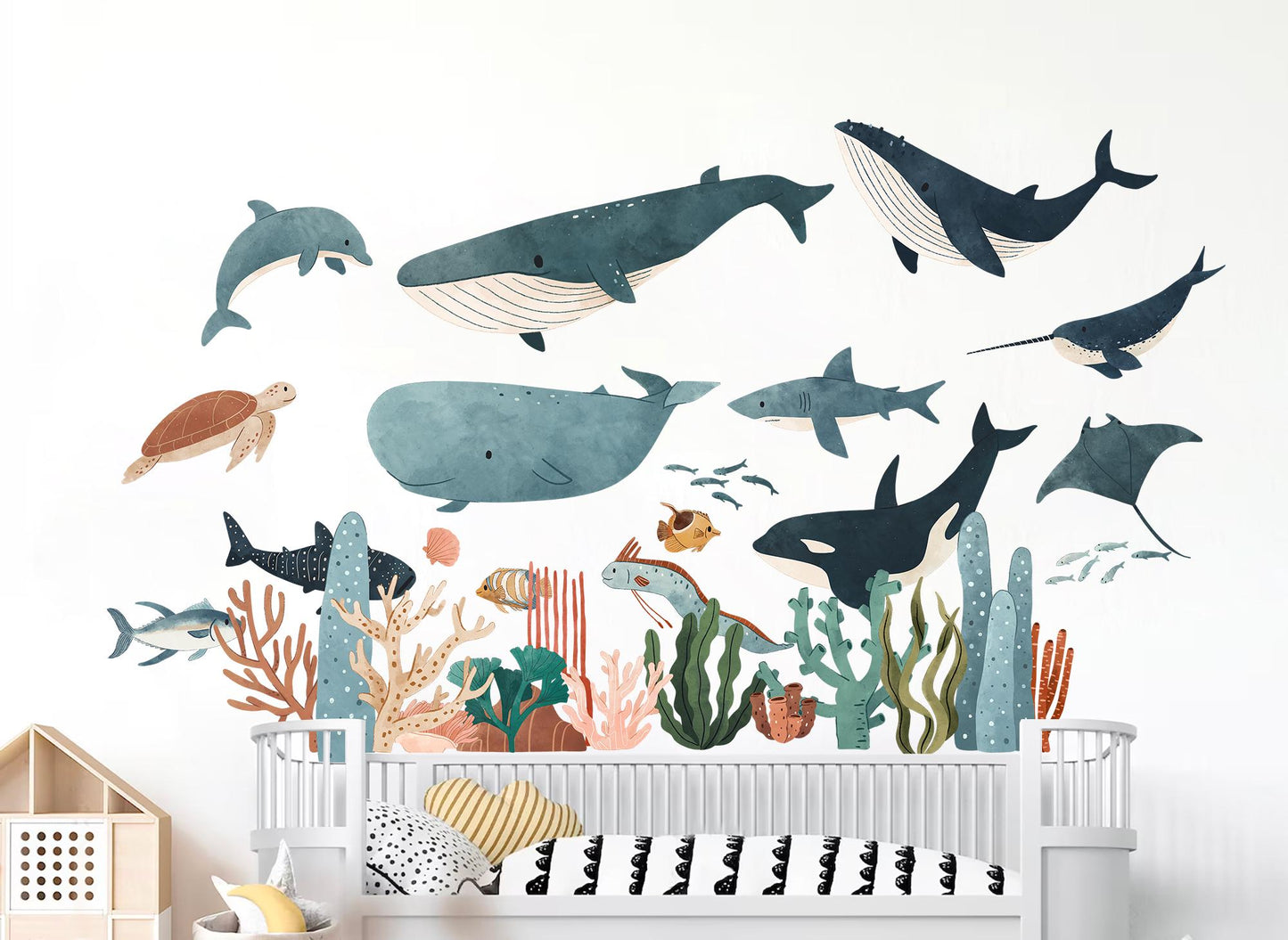 Underwater Ocean Whale Shark Wall Decals – Watercolor Sea Life Nursery Fabric Stickers – Kids Room Removable Mural