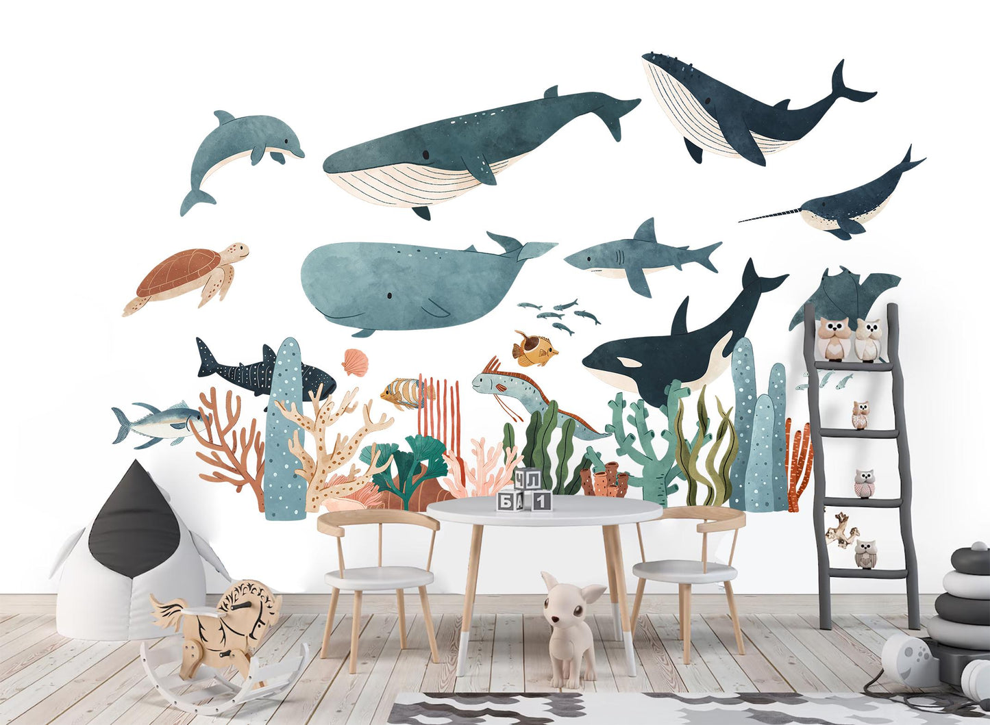 Underwater Ocean Whale Shark Wall Decals – Watercolor Sea Life Nursery Fabric Stickers – Kids Room Removable Mural