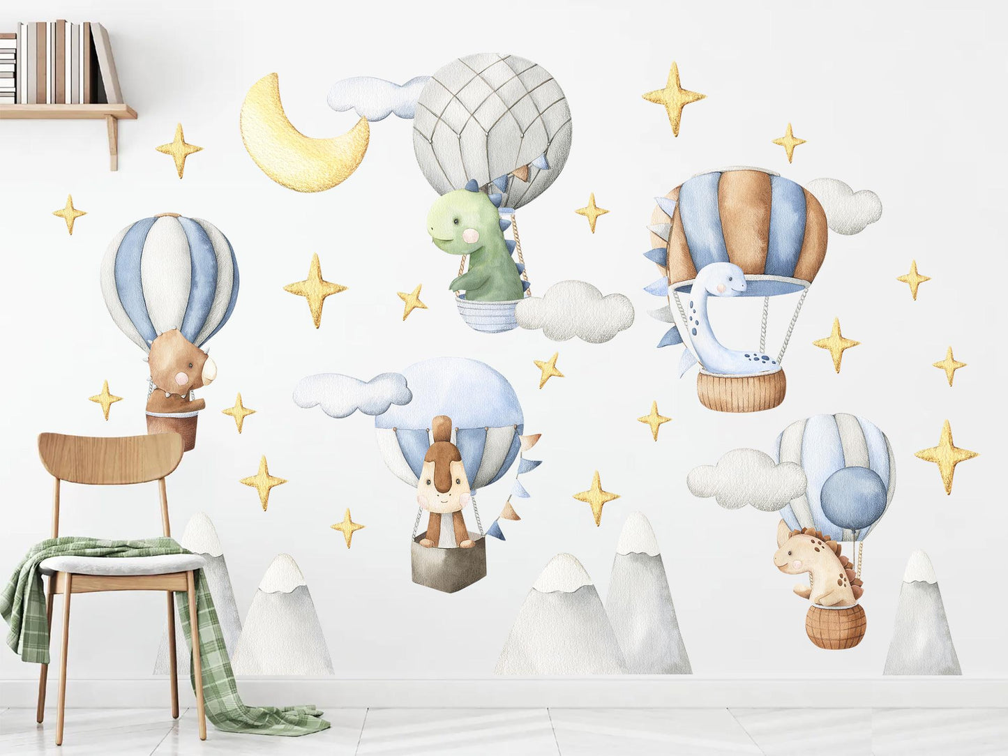 Watercolor Dinosaur Hot Air Balloon Wall Decals – Removable Cute Dino Stickers – Dreamy Wall Art for Nursery, Playroom or Kids Room