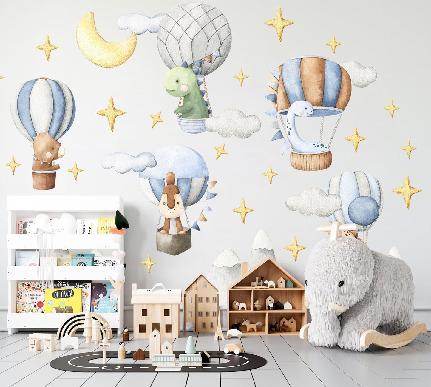Watercolor Dinosaur Hot Air Balloon Wall Decals – Removable Cute Dino Stickers – Dreamy Wall Art for Nursery, Playroom or Kids Room