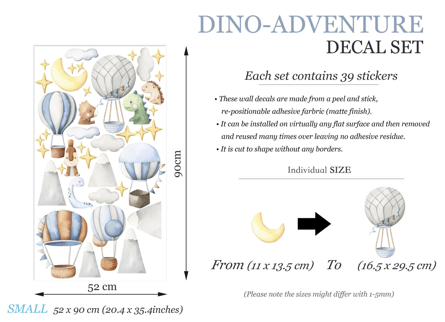 Watercolor Dinosaur Hot Air Balloon Wall Decals – Removable Cute Dino Stickers – Dreamy Wall Art for Nursery, Playroom or Kids Room