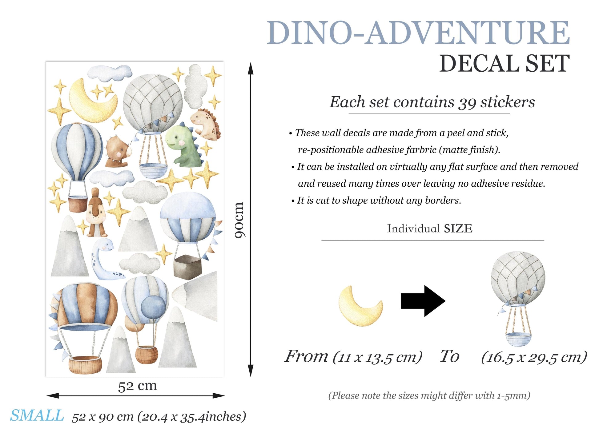 Watercolor Dinosaur Hot Air Balloon Wall Decals – Removable Cute Dino Stickers – Dreamy Wall Art for Nursery, Playroom or Kids Room