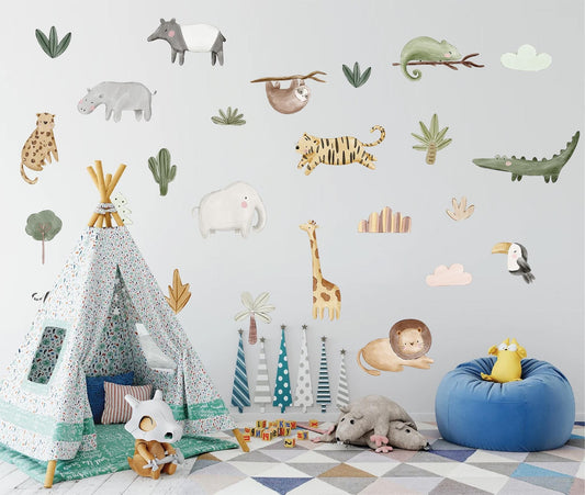 Watercolor Tropical Animal Wall Decals – Removable Jungle Safari Stickers – Colorful Wall Art for Nursery Room Decor