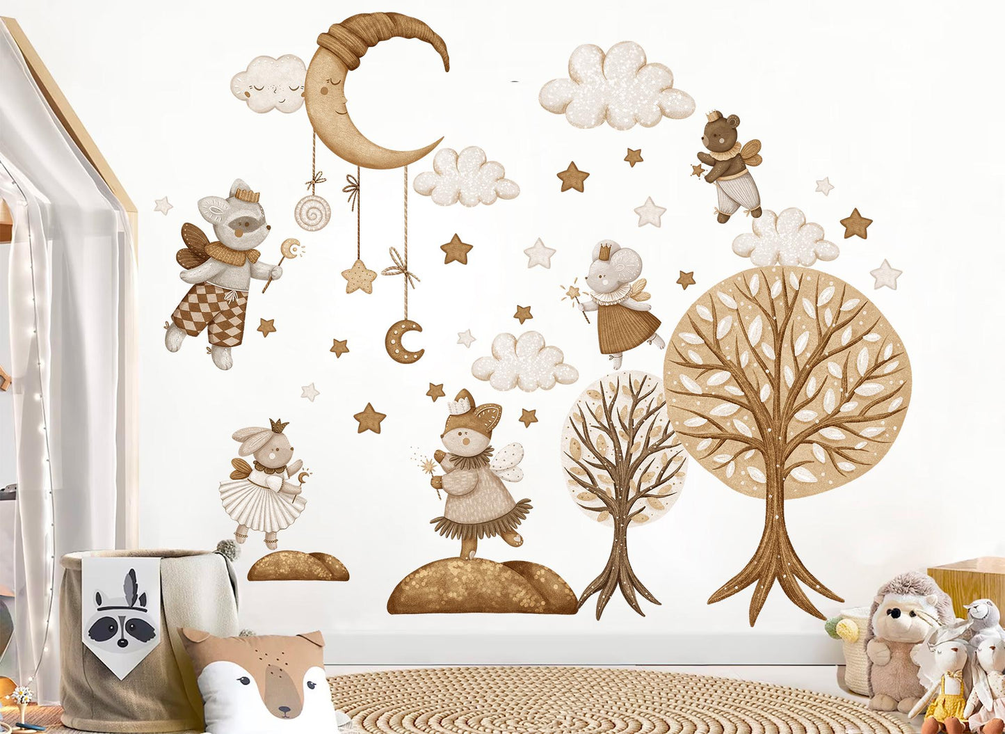 Watercolor Goodnight Animal Wall Decals – Removable Sleepy Forest Fairy Stickers – Dreamy Nighttime Wall Art for Nursery or Kids Room