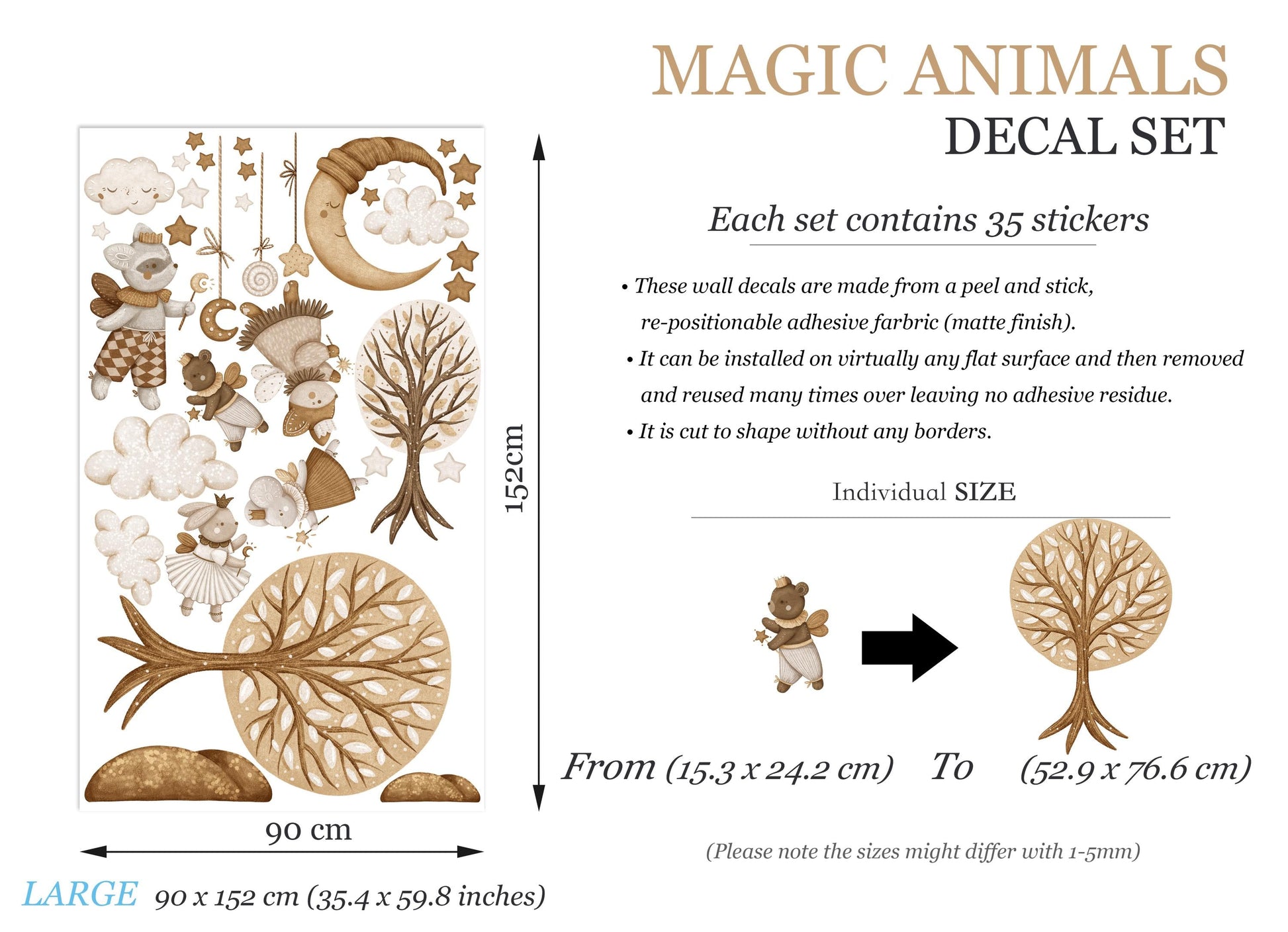 Watercolor Goodnight Animal Wall Decals – Removable Sleepy Forest Fairy Stickers – Dreamy Nighttime Wall Art for Nursery or Kids Room