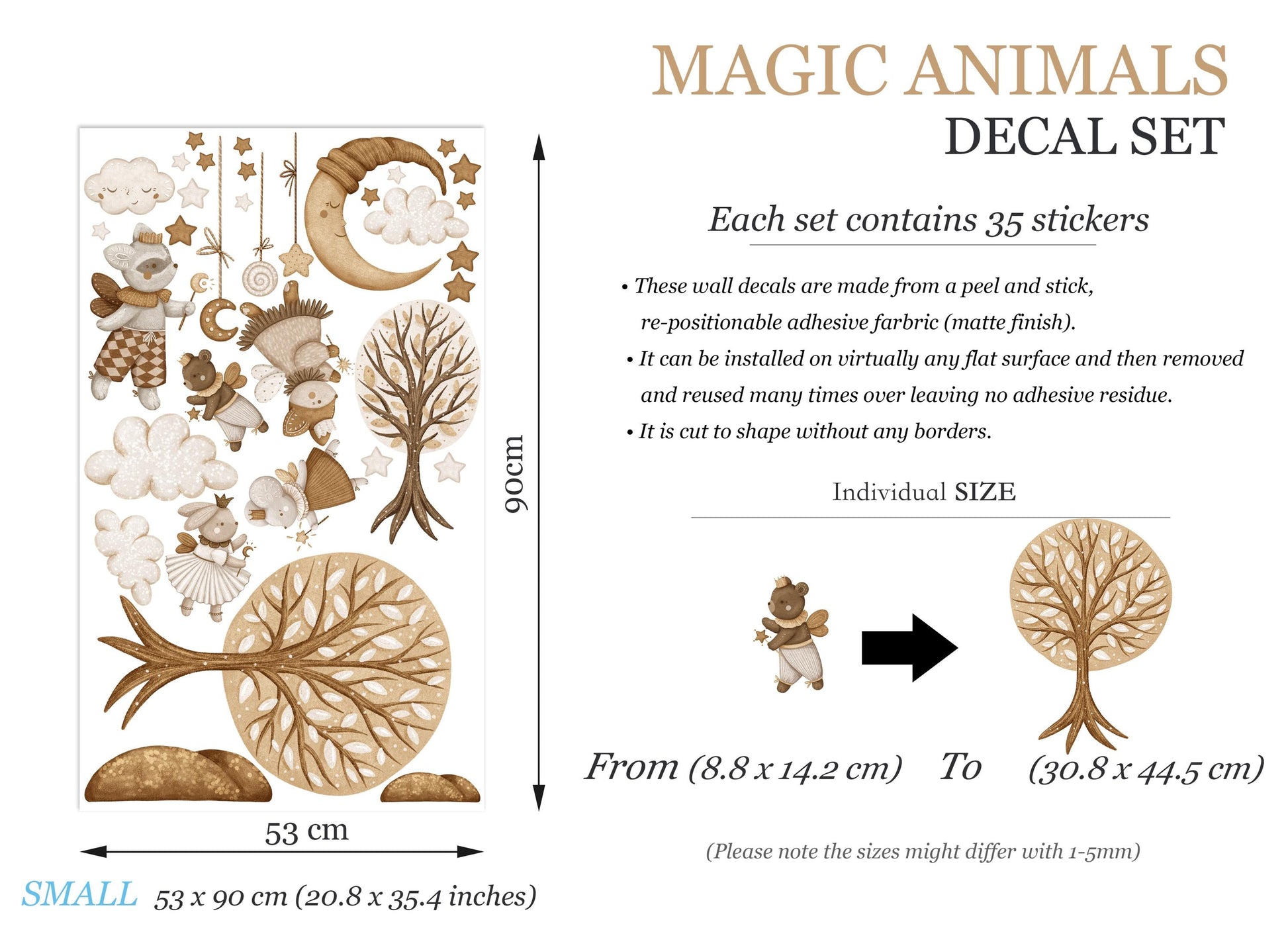 Watercolor Goodnight Animal Wall Decals – Removable Sleepy Forest Fairy Stickers – Dreamy Nighttime Wall Art for Nursery or Kids Room