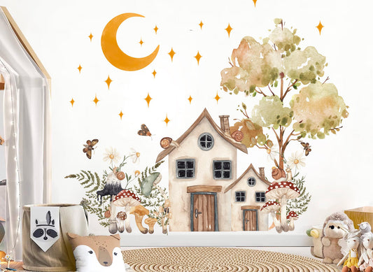 Watercolor Jungle Goodnight Wall Decals – Removable Snail and Mushroom Stickers – Sleepy Forest Wall Art for Nursery Room Decor