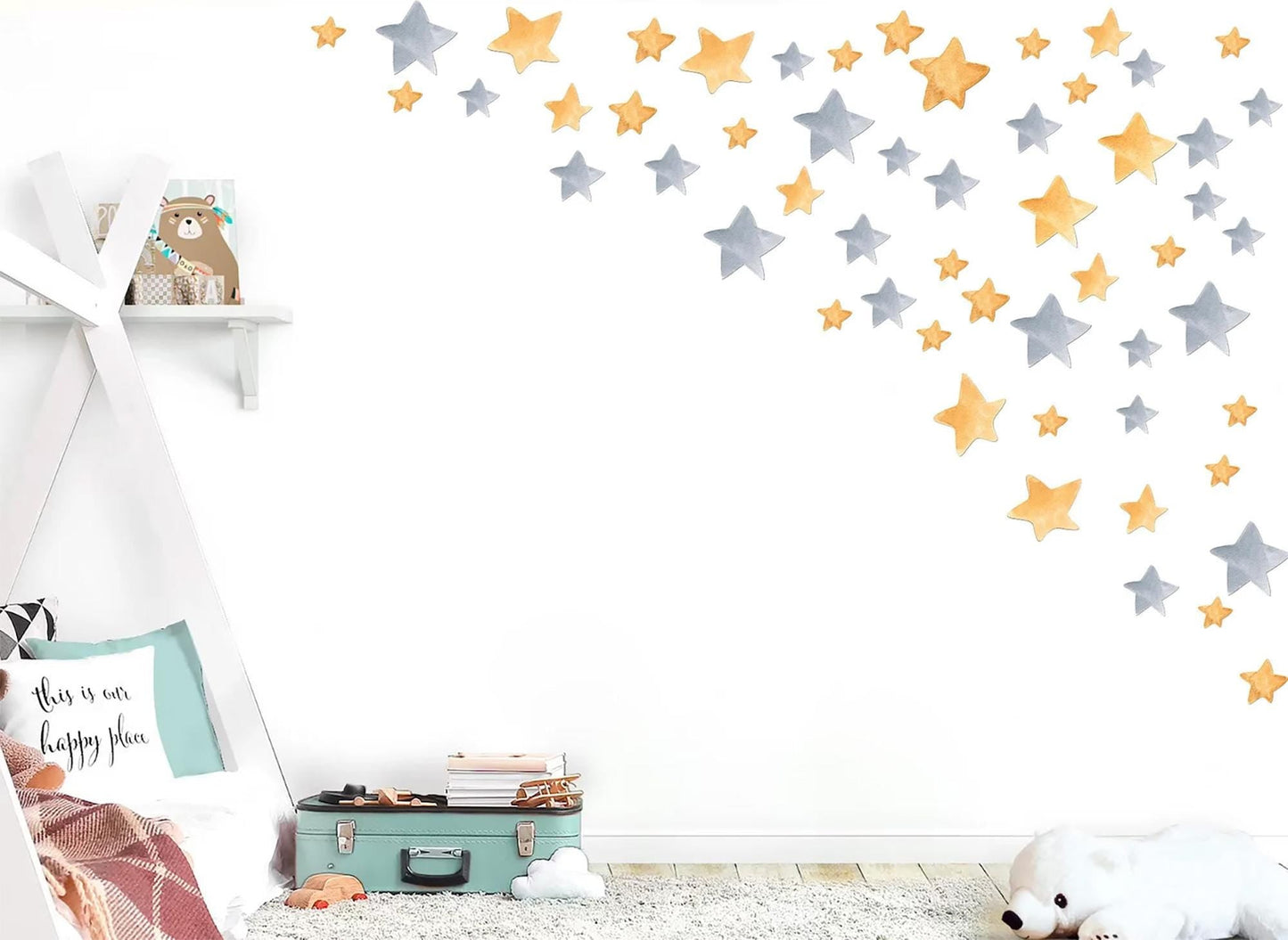 Gold and Silver Star Wall Decals – 124 PCS Watercolor Removable Fabric Stars for Nursery & Kids' Room