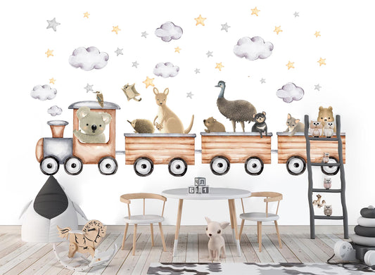 Australian Animal Train Wall Decals – Koala Kangaroo Emu Wombat Nursery Stickers | Fabric Removable Baby Room Decor