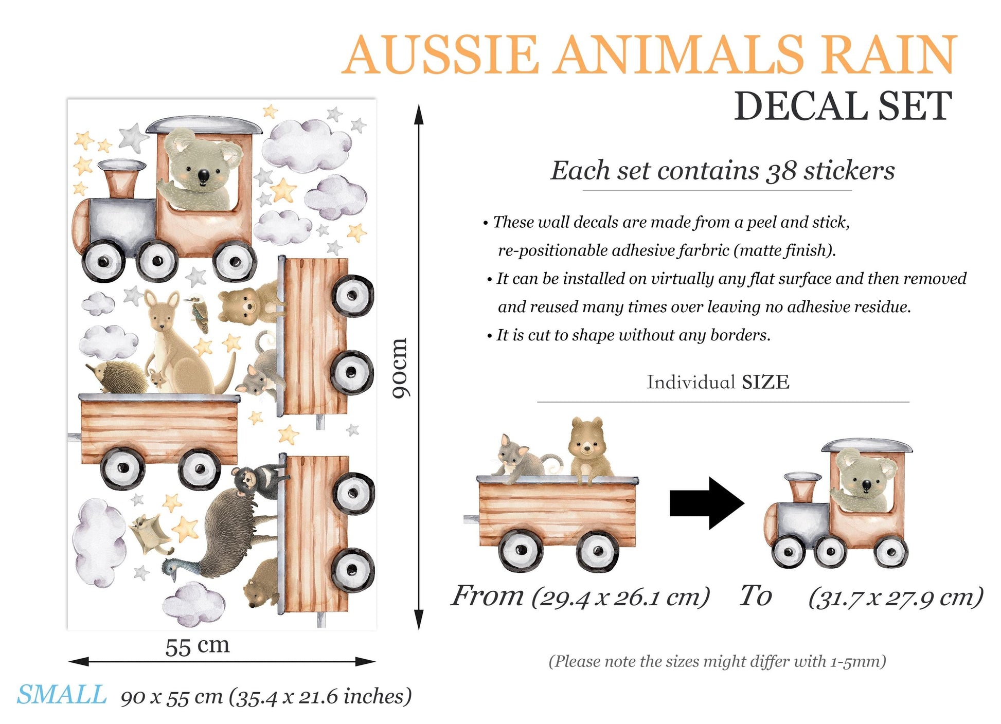 Australian Animal Train Wall Decals – Koala Kangaroo Emu Wombat Nursery Stickers | Fabric Removable Baby Room Decor