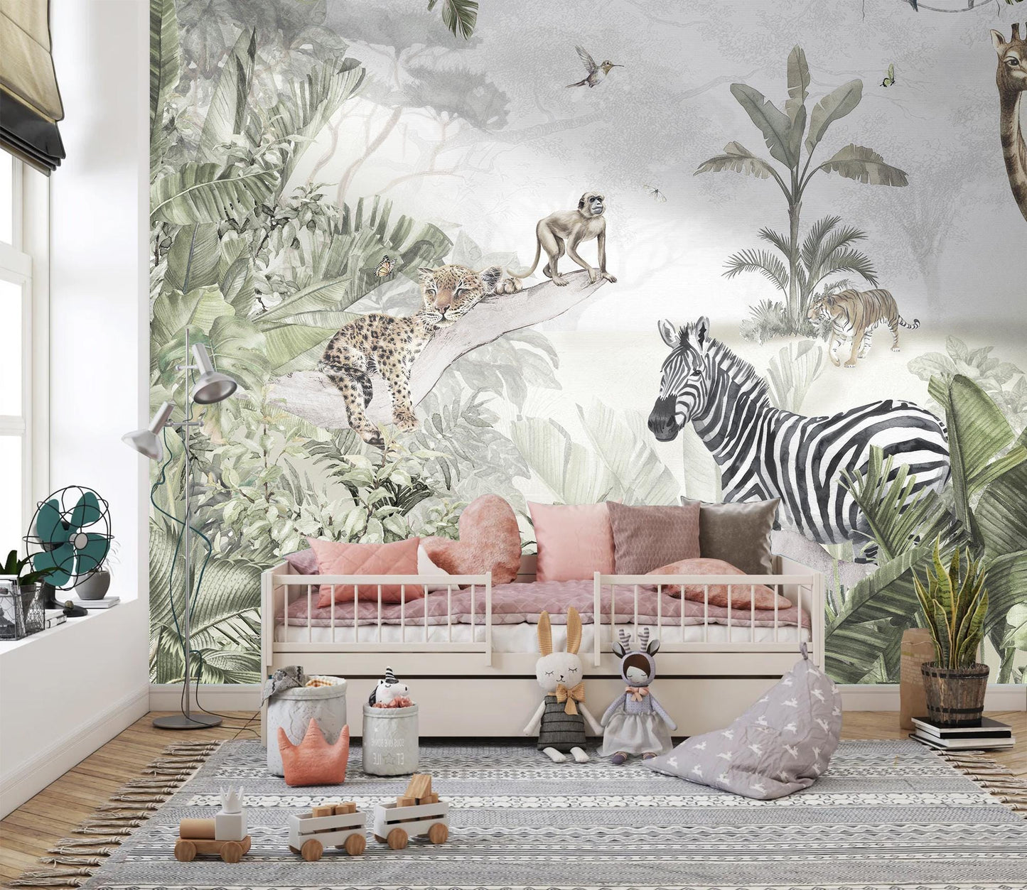 Jungle Safari Animals Wall Mural – Watercolour Tropical Wallpaper for Kids' Room