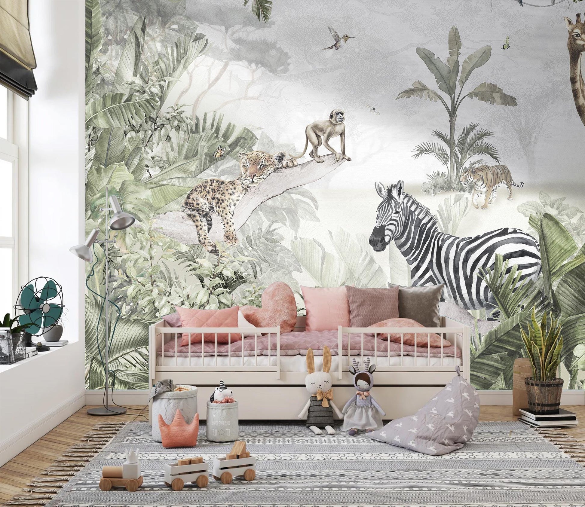 Jungle Safari Animals Wall Mural – Watercolour Tropical Wallpaper for Kids' Room