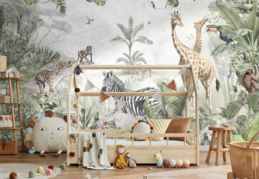Jungle Safari Animals Wall Mural – Watercolour Tropical Wallpaper for Kids' Room