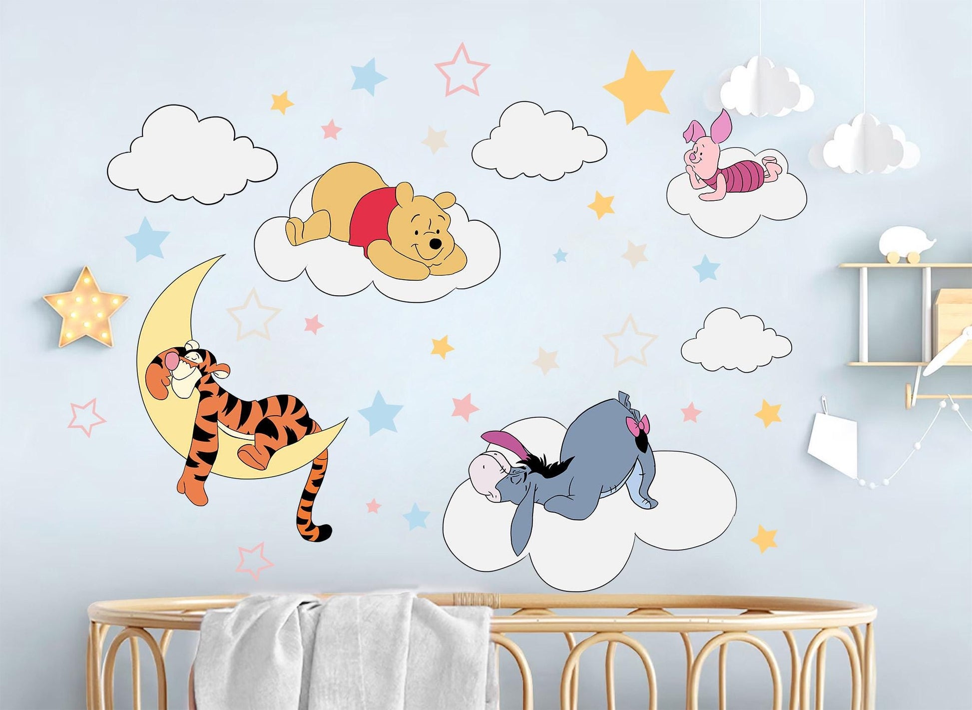 Night Winnie Wall Decals – Sleeping Pooh Tigger Piglet Eeyore Nursery Stickers – Removable Fabric Baby Room Decor