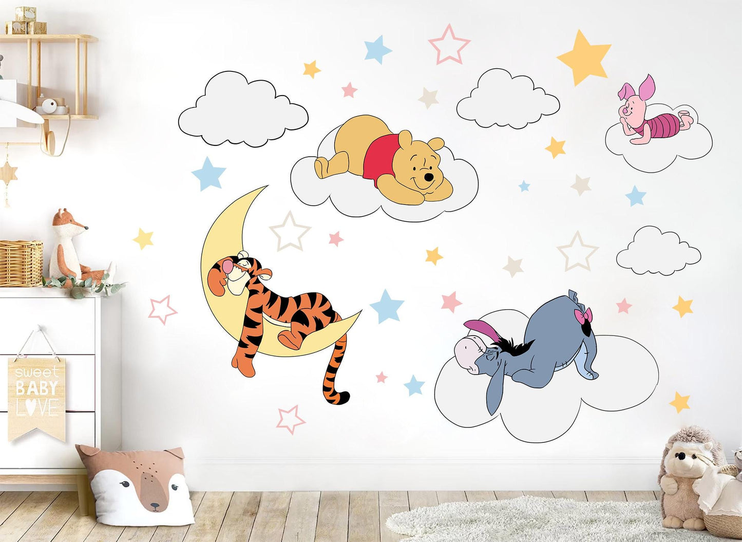 Night Winnie Wall Decals – Sleeping Pooh Tigger Piglet Eeyore Nursery Stickers – Removable Fabric Baby Room Decor