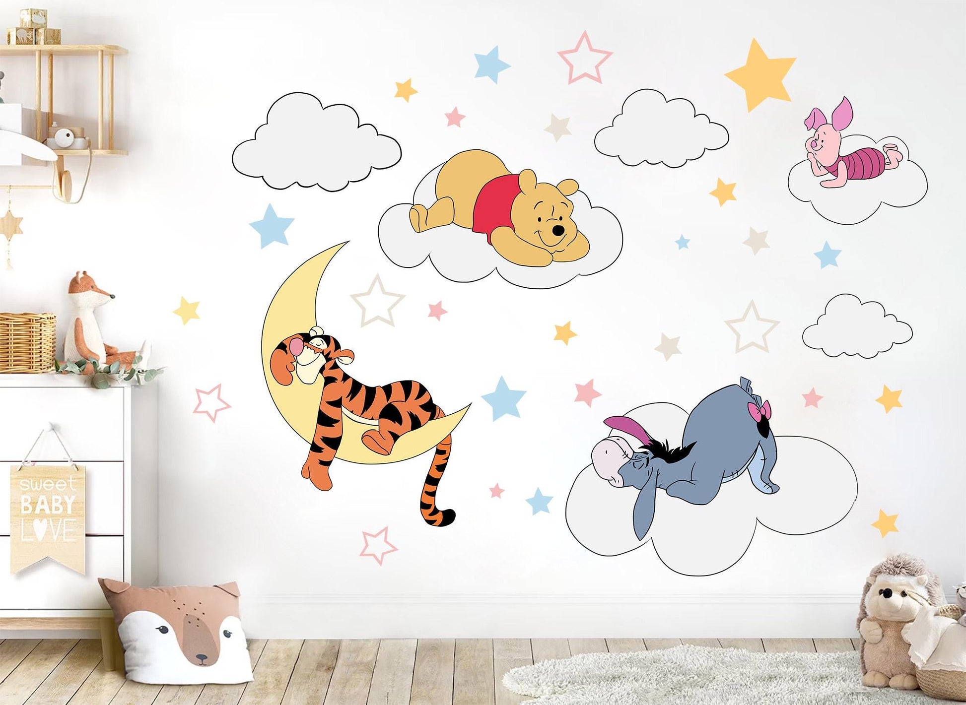 Night Winnie Wall Decals – Sleeping Pooh Tigger Piglet Eeyore Nursery Stickers – Removable Fabric Baby Room Decor