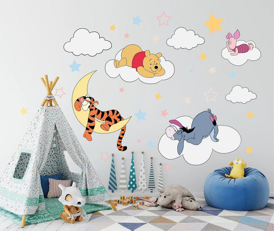 Night Winnie Wall Decals – Sleeping Pooh Tigger Piglet Eeyore Nursery Stickers – Removable Fabric Baby Room Decor