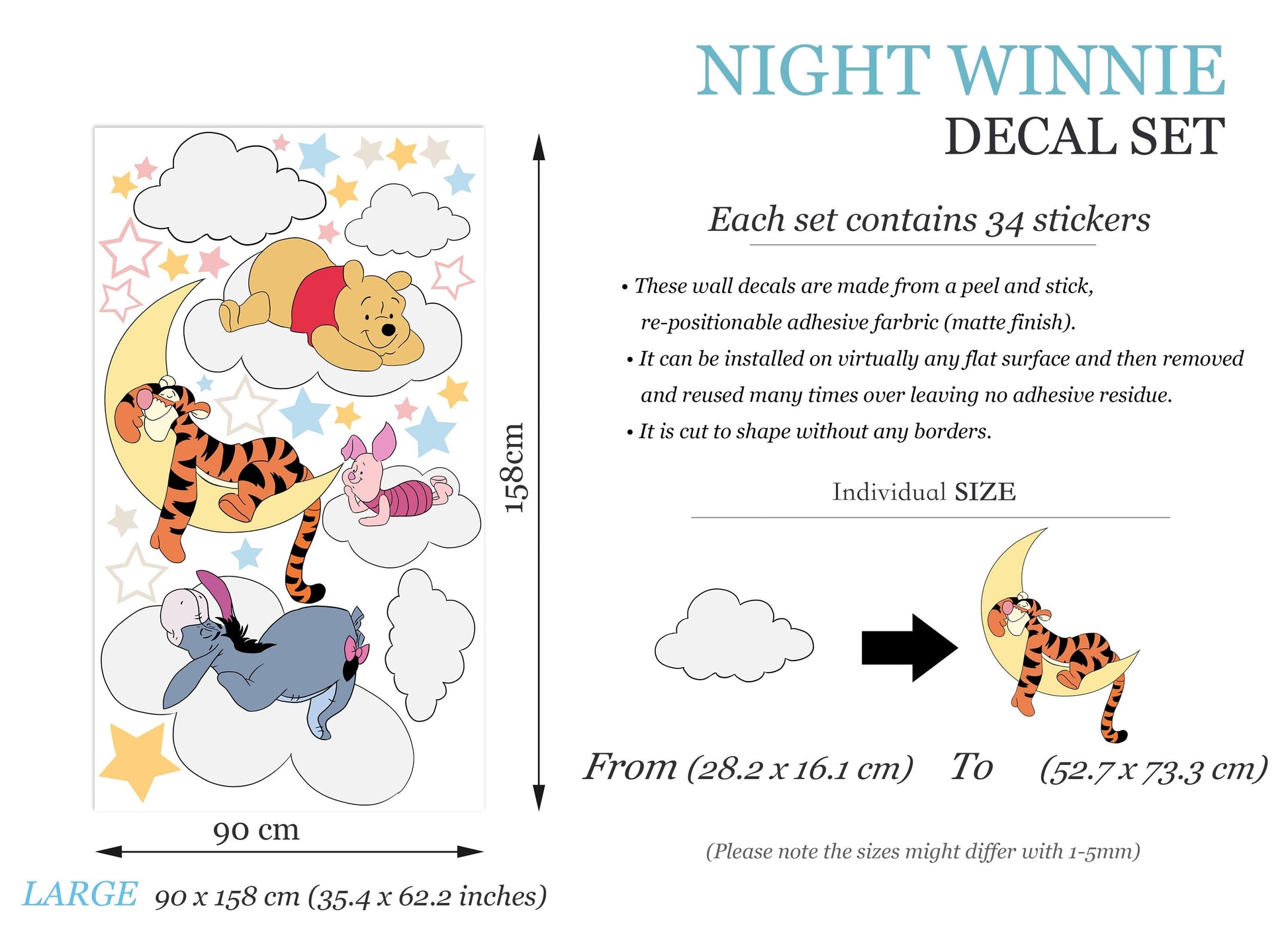 Night Winnie Wall Decals – Sleeping Pooh Tigger Piglet Eeyore Nursery Stickers – Removable Fabric Baby Room Decor