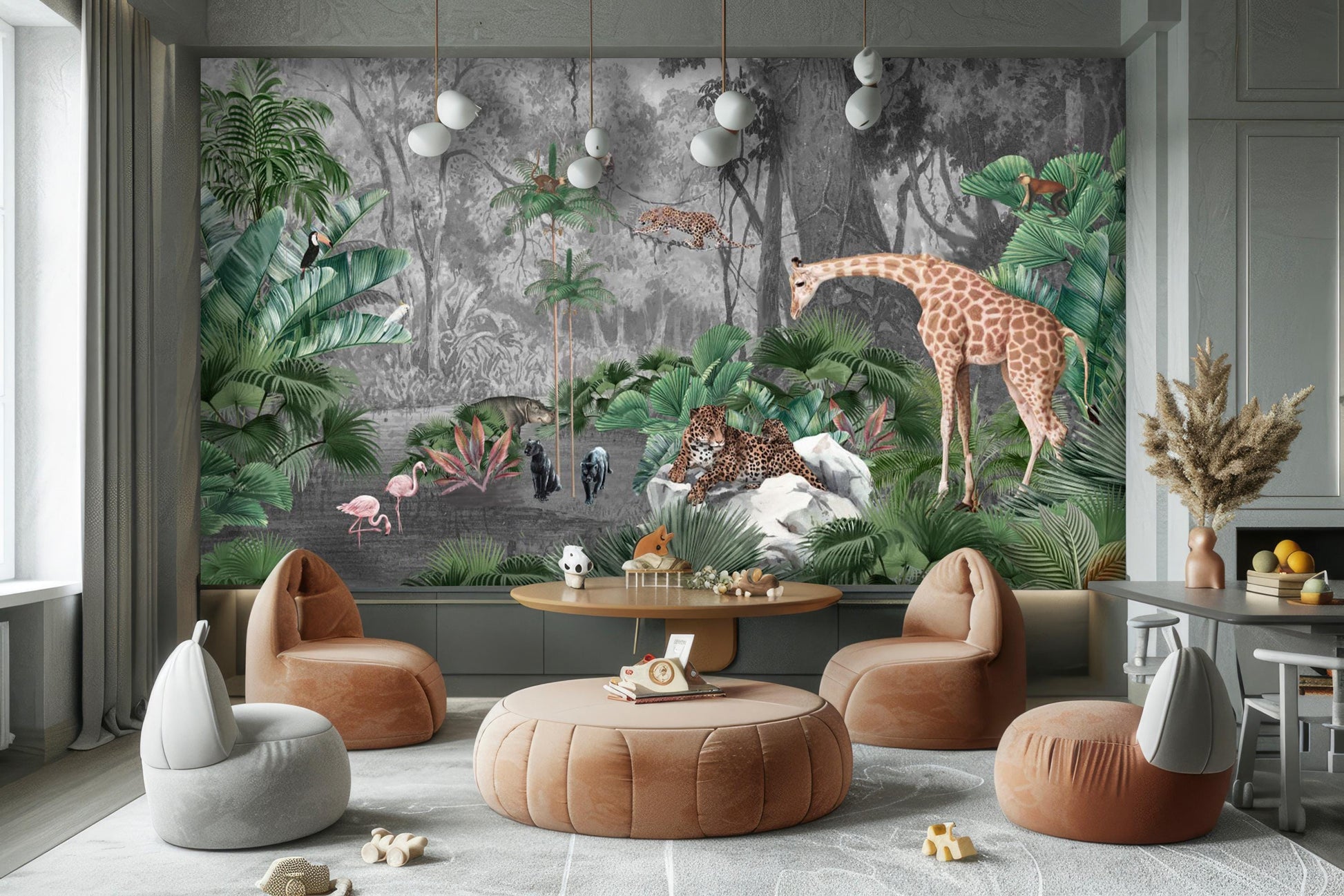 Watercolor Jungle Safari Animal Wall Mural - Removable Fabric Wallpaper for Nursery & Kids Room