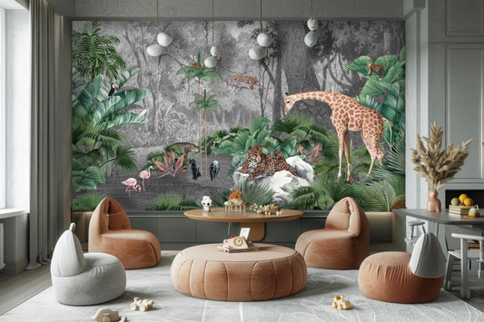 Watercolor Jungle Safari Animal Wall Mural - Removable Fabric Wallpaper for Nursery & Kids Room