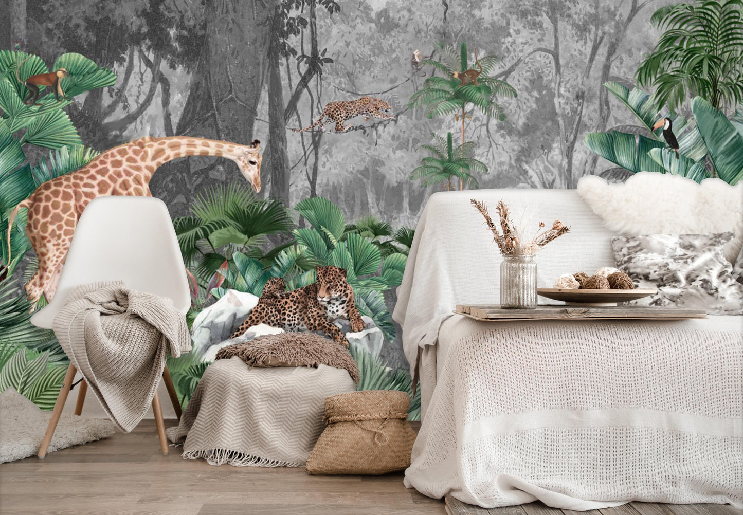 Watercolor Jungle Safari Animal Wall Mural - Removable Fabric Wallpaper for Nursery & Kids Room