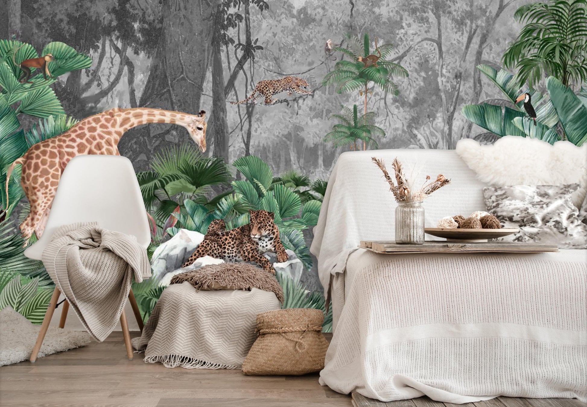 Watercolor Jungle Safari Animal Wall Mural - Removable Fabric Wallpaper for Nursery & Kids Room