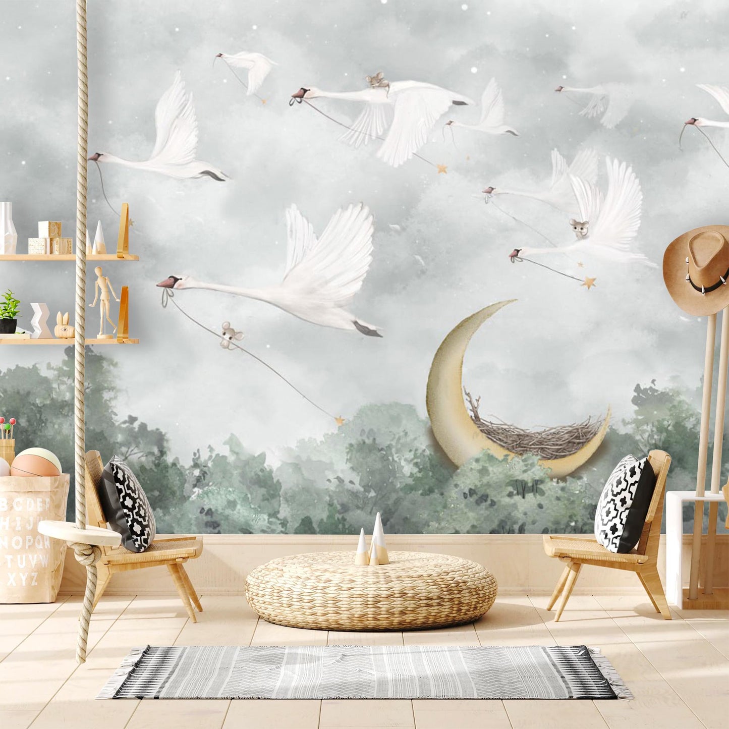 Flying Swan and Moon Nursery Wall Mural – Dreamy Peel & Stick Fabric Wallpaper for Baby Room, Custom Sizes Available