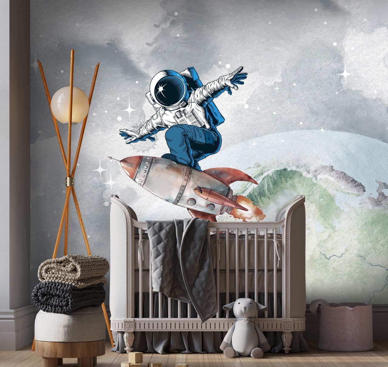 Rocket Astronaut Wall Mural – Space-Themed Peel & Stick Fabric Wallpaper for Kids Room, Nursery Galaxy Art, Custom Sizes