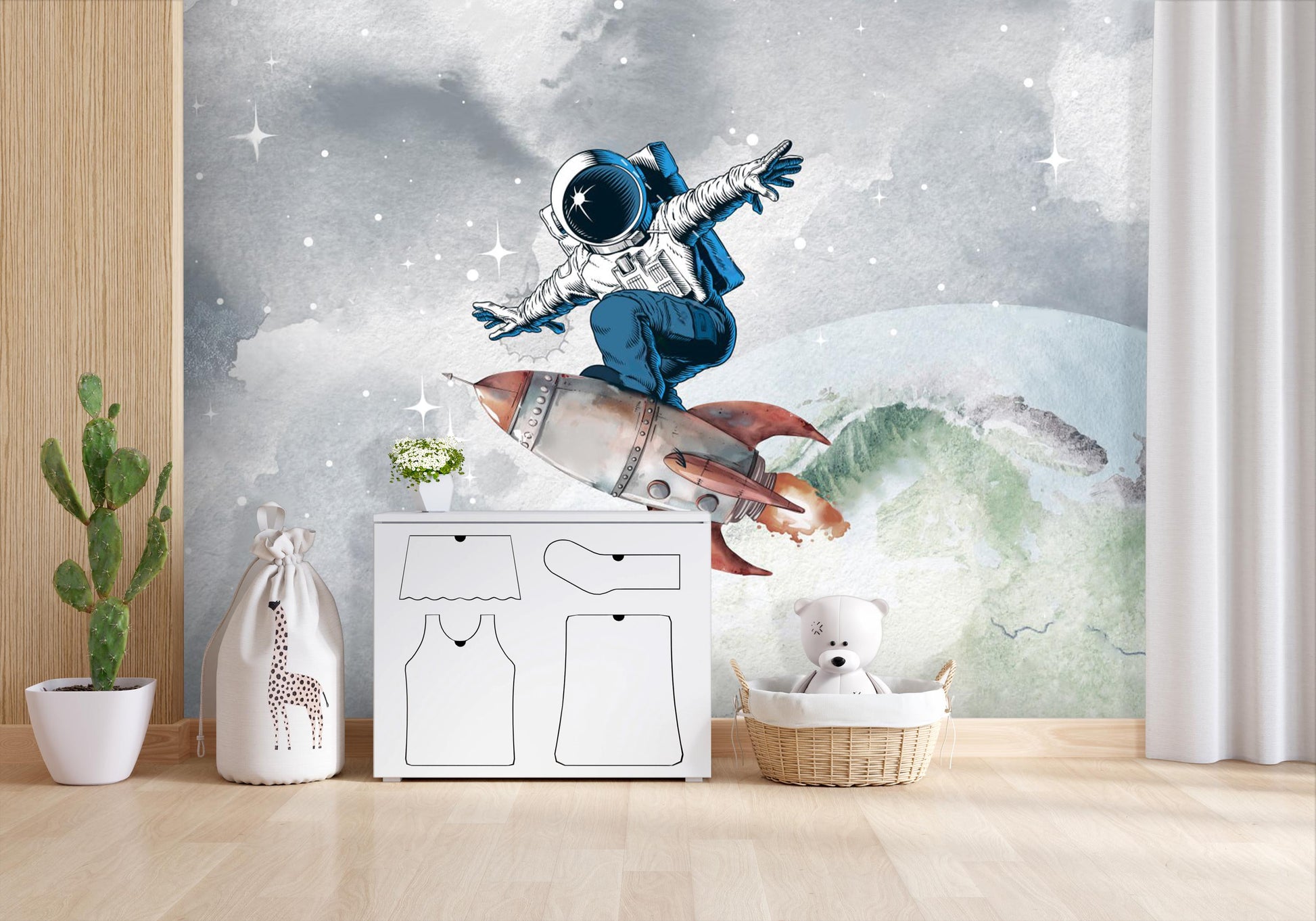 Rocket Astronaut Wall Mural – Space-Themed Peel & Stick Fabric Wallpaper for Kids Room, Nursery Galaxy Art, Custom Sizes