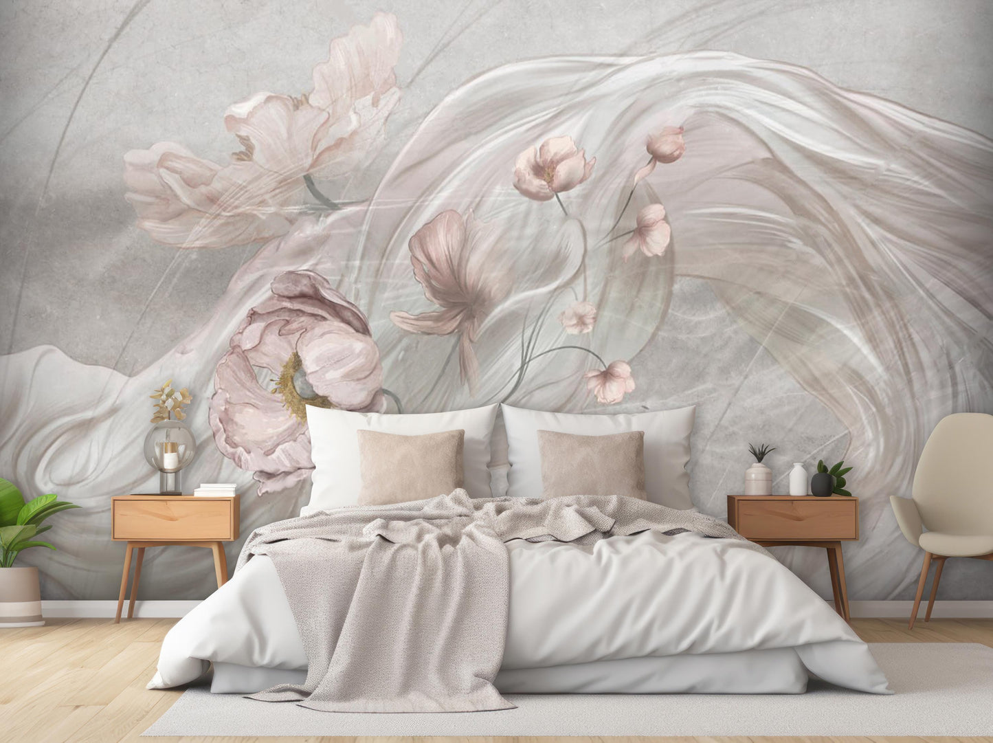 Elegant Floral Wall Mural – Watercolor Peony and Silk Flow Peel & Stick Wallpaper, Modern Bedroom Living Room Accent, Custom Sizes