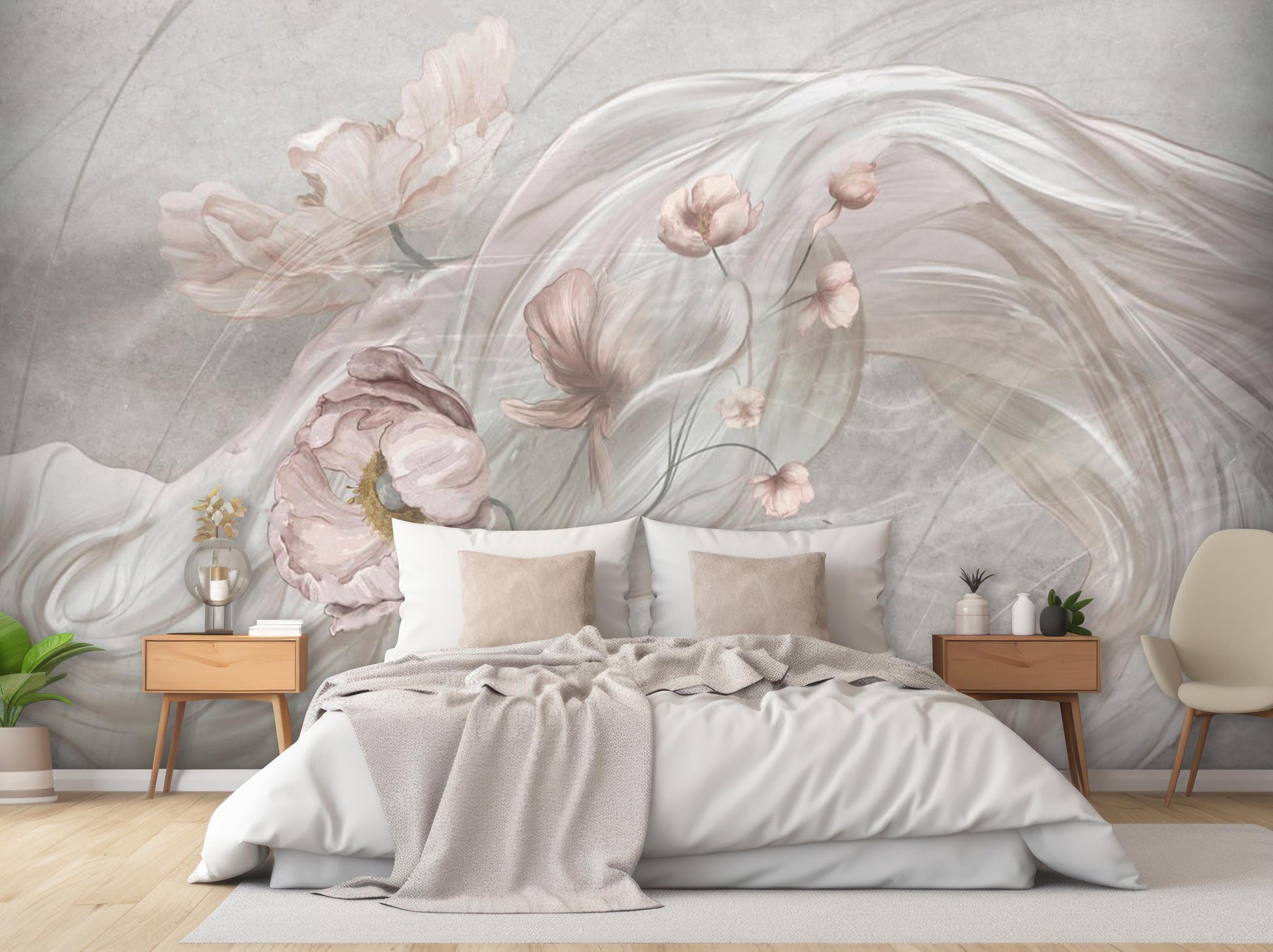 Elegant Floral Wall Mural – Watercolor Peony and Silk Flow Peel & Stick Wallpaper, Modern Bedroom Living Room Accent, Custom Sizes