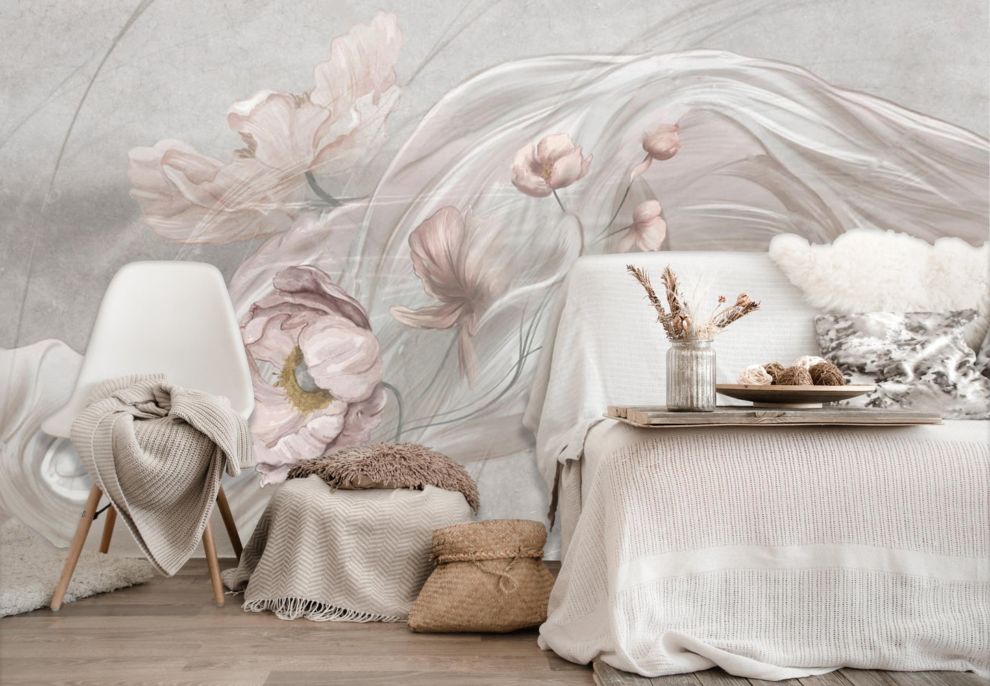 Elegant Floral Wall Mural – Watercolor Peony and Silk Flow Peel & Stick Wallpaper, Modern Bedroom Living Room Accent, Custom Sizes