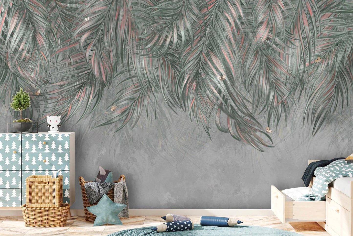 Tropical Leaf Wall Mural – Hanging Jungle Foliage Peel & Stick Wallpaper, Kids Room or Modern Playroom Decor, Custom Size Available