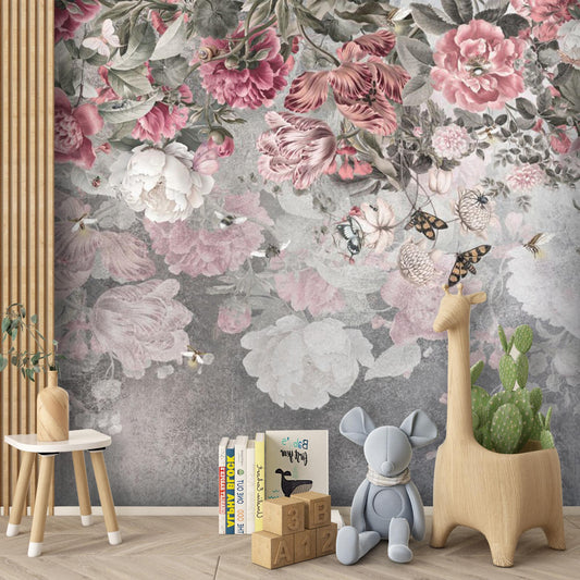 Vintage Floral Garden Wall Mural – Bold Pink Peony Butterfly Peel & Stick Wallpaper, Nursery or Lounge Accent, Custom Sizes