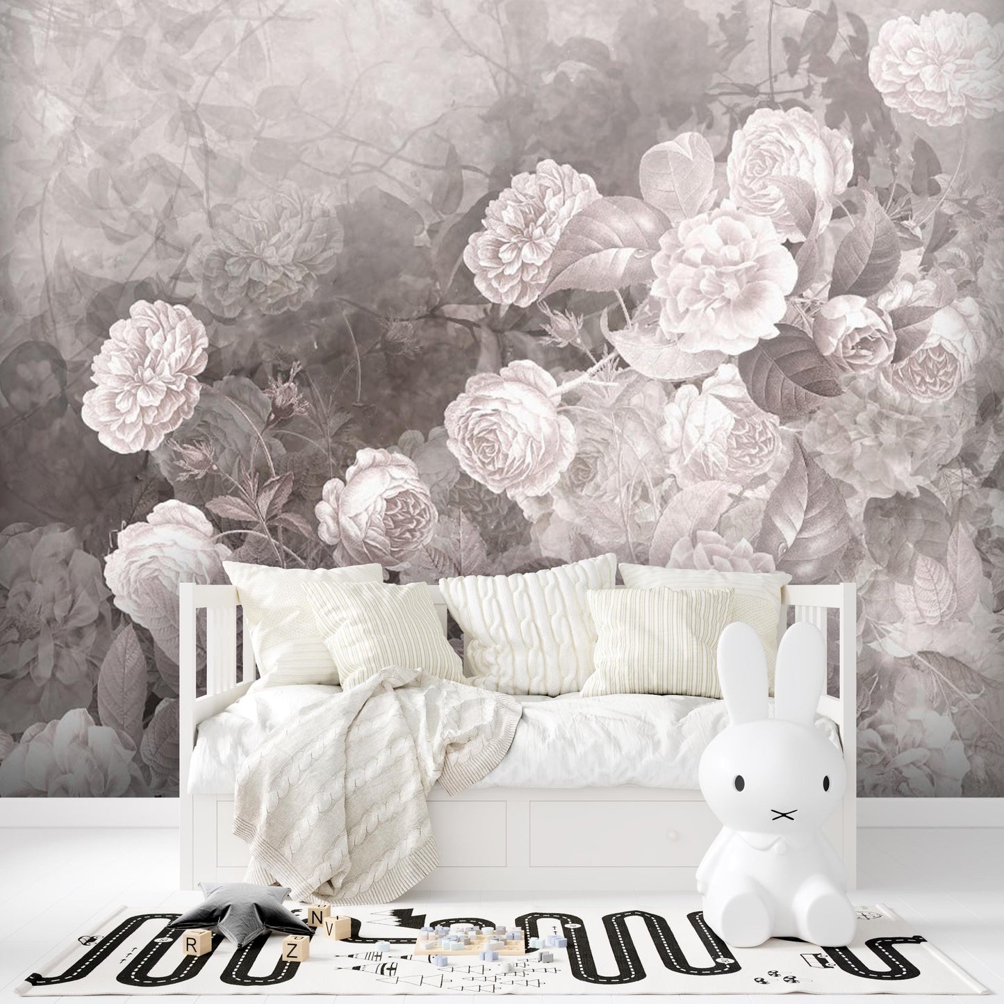 Romantic Vintage Flower Wall Mural – Pink Peony & Butterfly Fabric Wallpaper for Nursery or Living Room