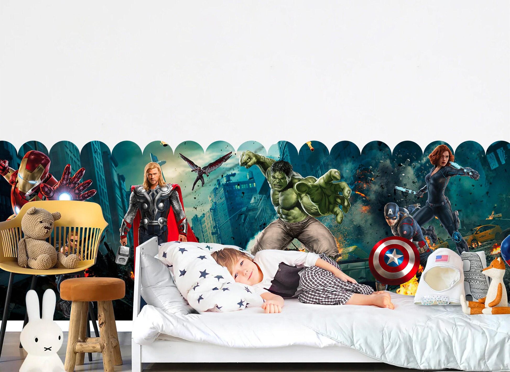 Avengers Scallop Mini Wallpaper – Removable Superhero Wall Mural for Kids Room, Marvel Heroes Wall Decor
