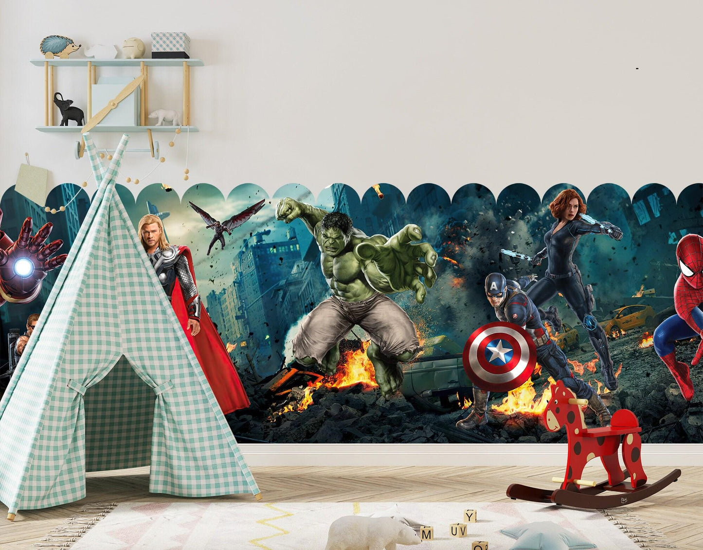 Avengers Scallop Mini Wallpaper – Removable Superhero Wall Mural for Kids Room, Marvel Heroes Wall Decor