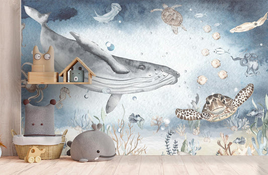 Ocean Whale Sea Turtle Wall Mural - Deep Blue Watercolor Kids Room Wallpaper - Removable Fabric Wall Art for Nursery & Playroom
