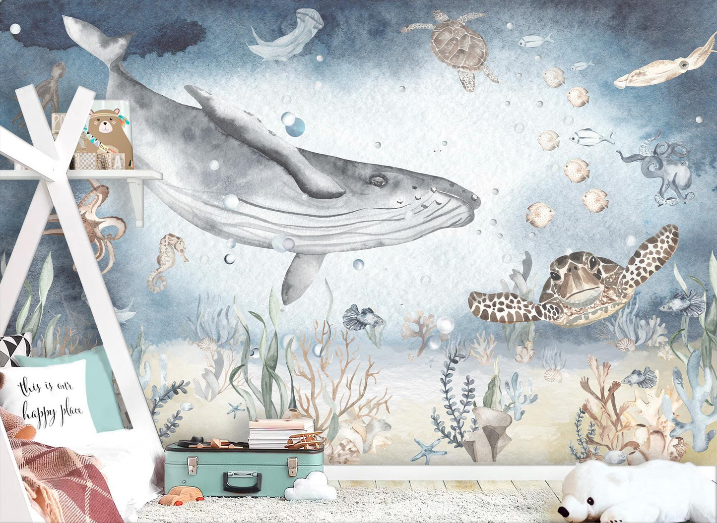 Ocean Whale Sea Turtle Wall Mural - Deep Blue Watercolor Kids Room Wallpaper - Removable Fabric Wall Art for Nursery & Playroom
