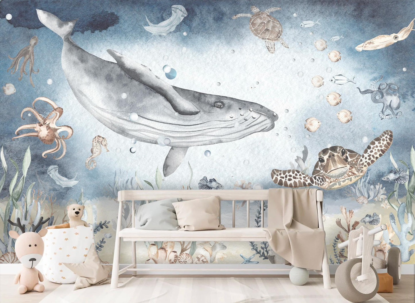 Ocean Whale Sea Turtle Wall Mural - Deep Blue Watercolor Kids Room Wallpaper - Removable Fabric Wall Art for Nursery & Playroom
