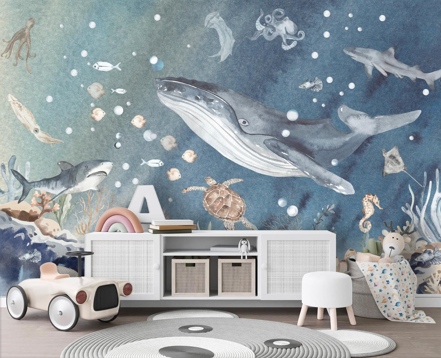 Underwater Whale & Ocean Friends Wall Mural - Blue Sea Watercolor Removable Fabric Wallpaper for Nursery or Playroom