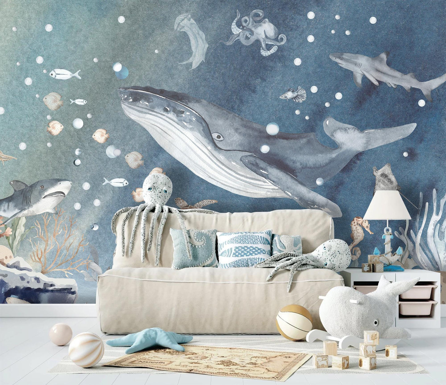 Underwater Whale & Ocean Friends Wall Mural - Blue Sea Watercolor Removable Fabric Wallpaper for Nursery or Playroom