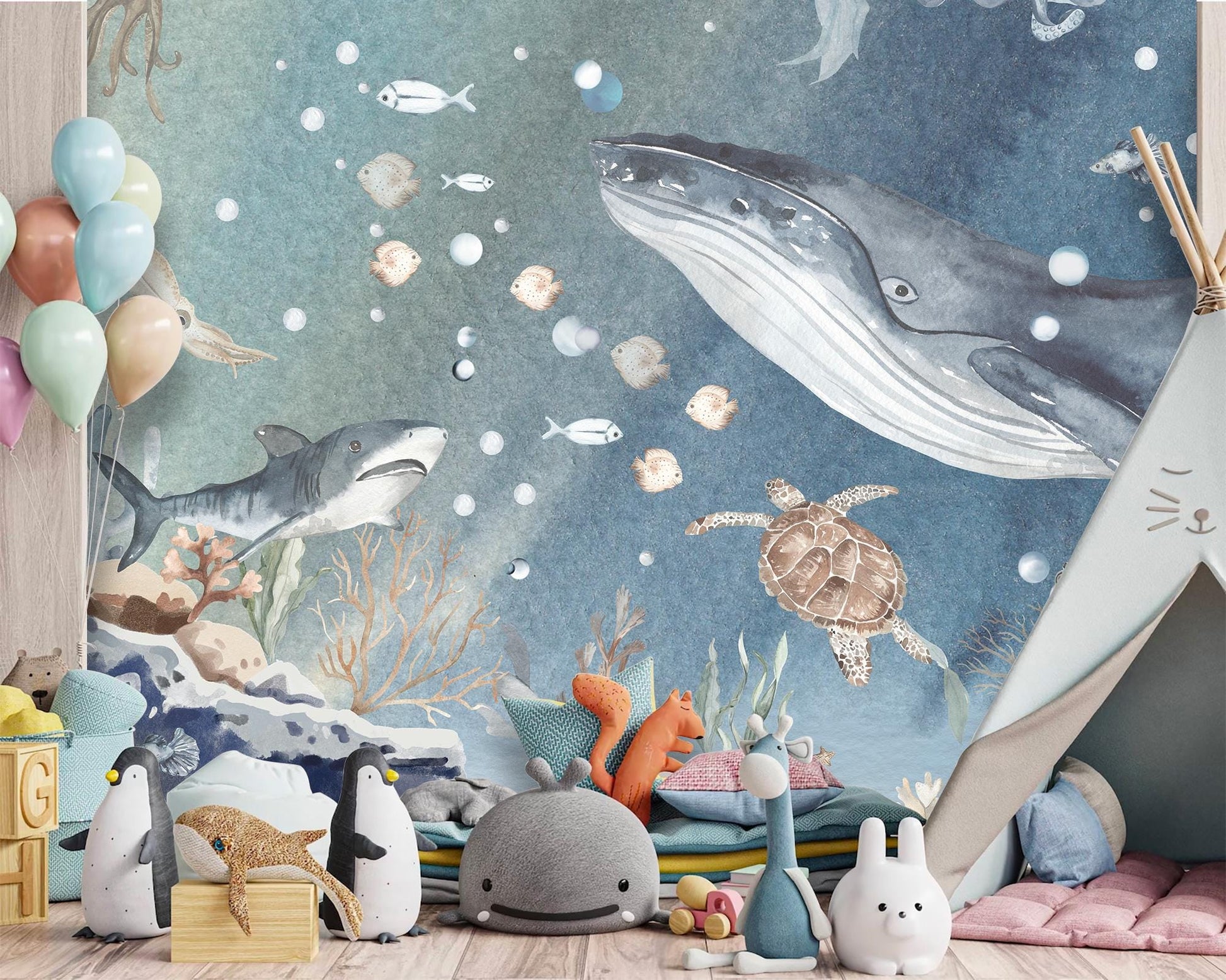 Underwater Whale & Ocean Friends Wall Mural - Blue Sea Watercolor Removable Fabric Wallpaper for Nursery or Playroom