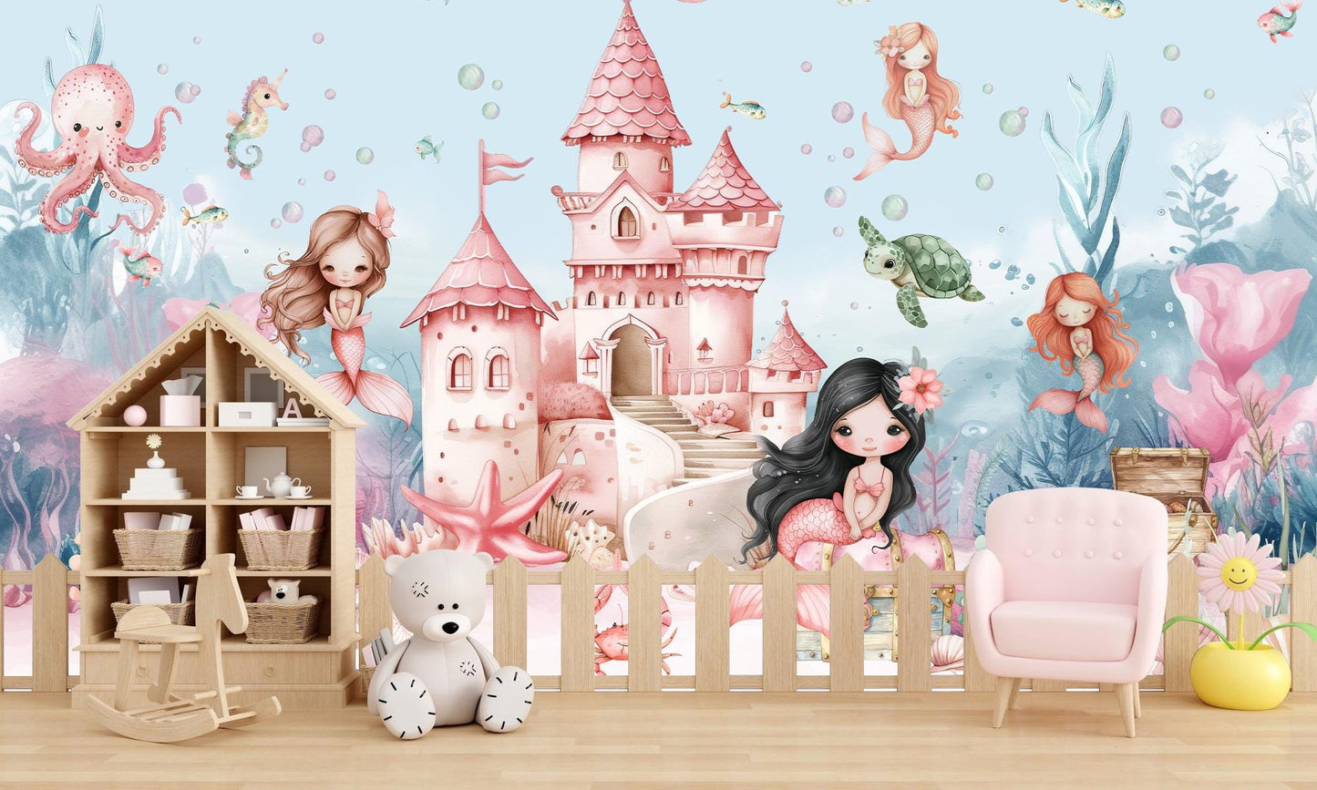 Personalized Mermaid Castle Wall Mural – Undersea Girls Room Wallpaper – Custom Name Decal – Pink Ocean Nursery Decor