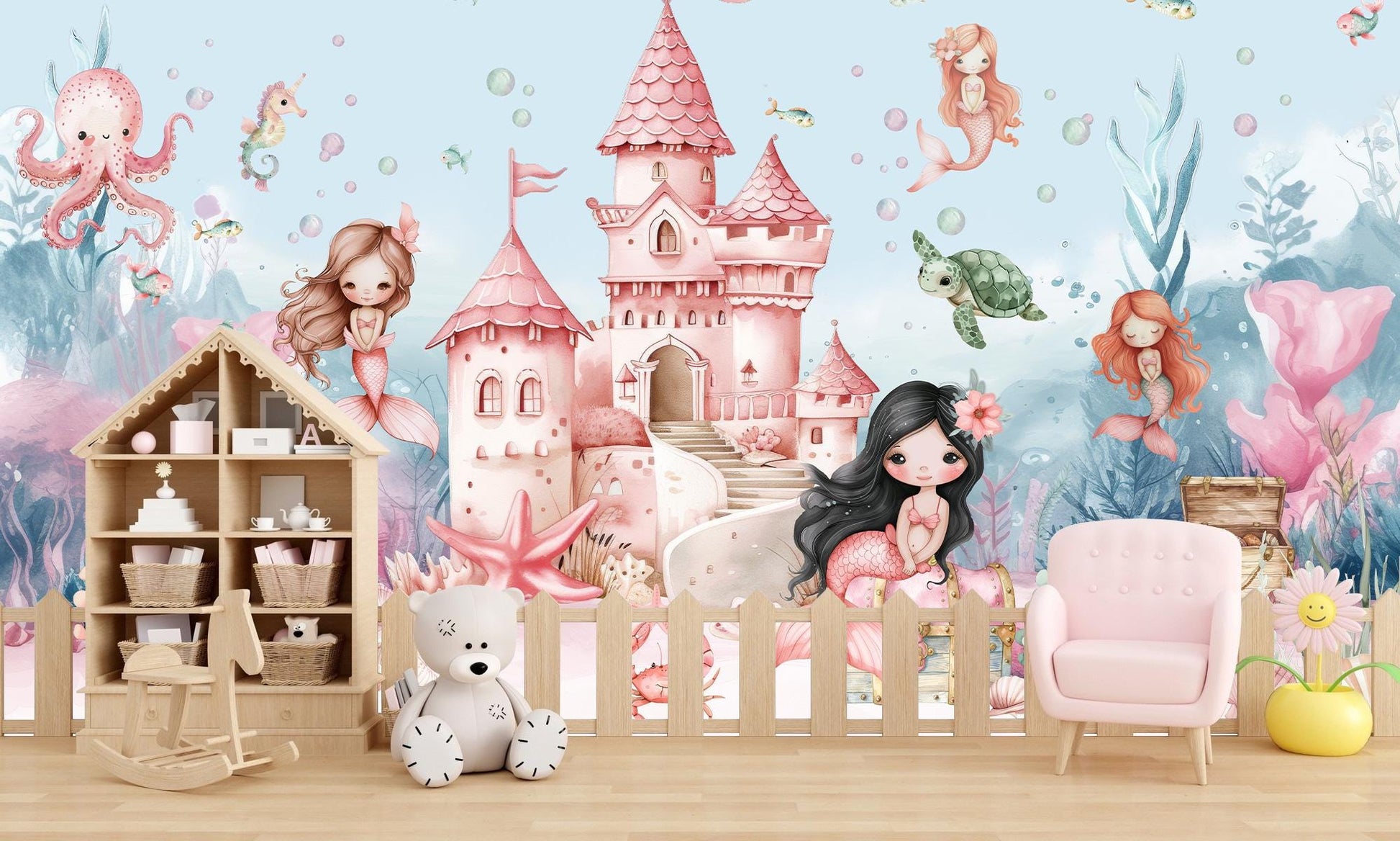 Personalized Mermaid Castle Wall Mural – Undersea Girls Room Wallpaper – Custom Name Decal – Pink Ocean Nursery Decor