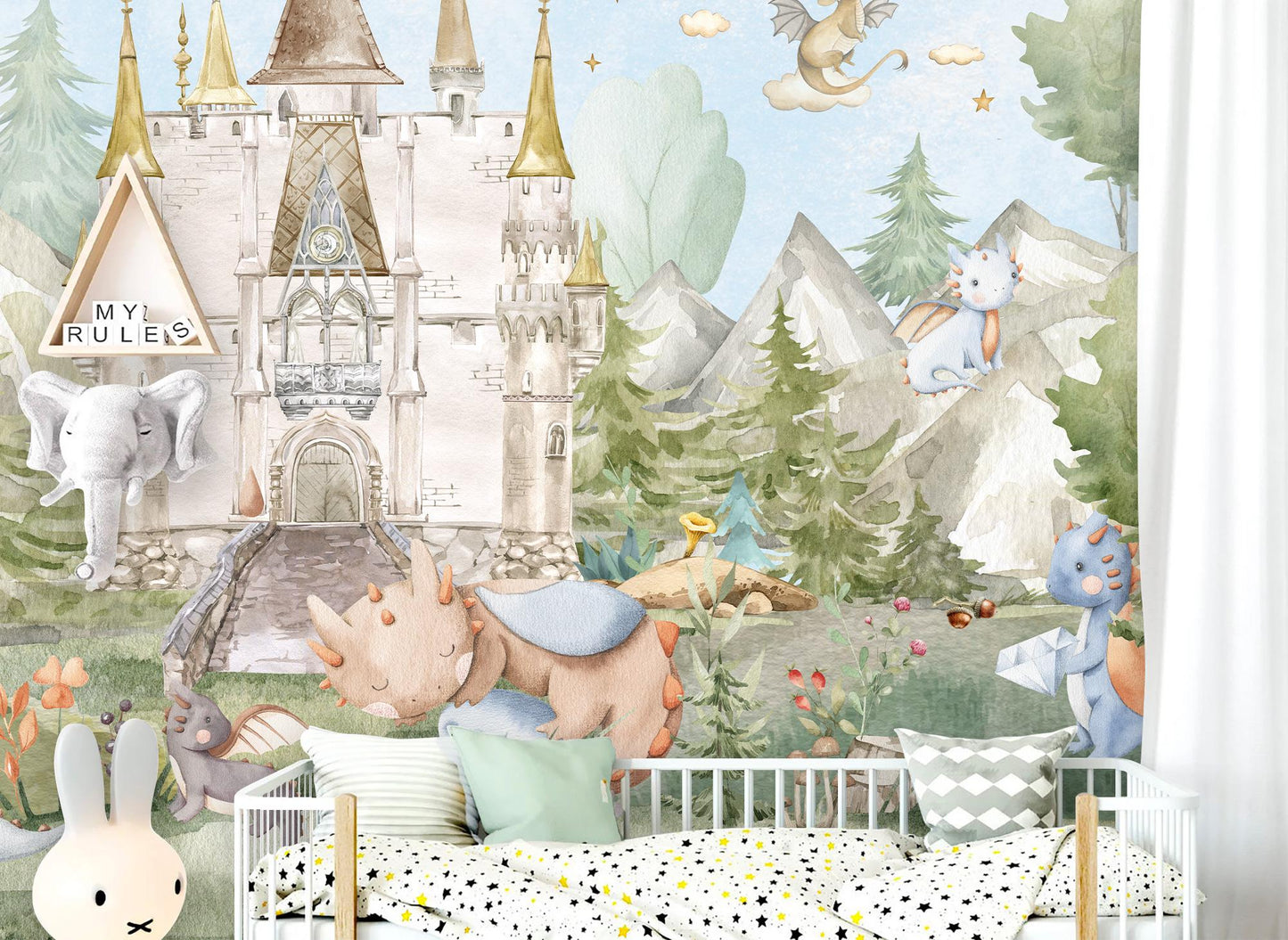 Fairy Tale Castle Wall Mural – Baby Dragon Nursery Wallpaper – Fantasy Kids Room Décor – Peel and Stick Fabric Mural