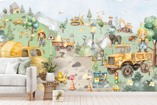 Construction Site Wall Mural – Kids Room Wallpaper with Trucks & Workers – Watercolor Boys Nursery Wall Décor