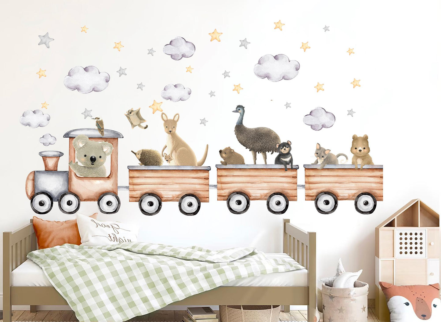 Australian Animal Train Wall Decals – Koala Kangaroo Emu Wombat Nursery Stickers | Fabric Removable Baby Room Decor