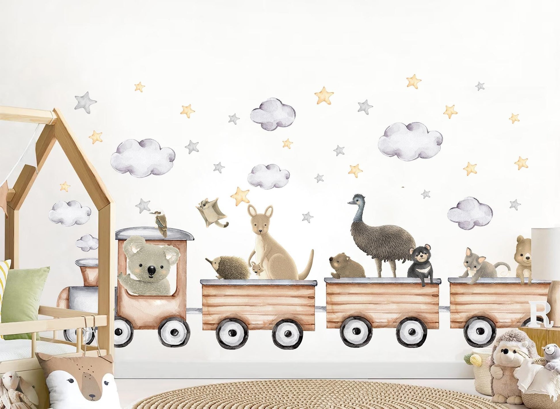 Australian Animal Train Wall Decals – Koala Kangaroo Emu Wombat Nursery Stickers | Fabric Removable Baby Room Decor